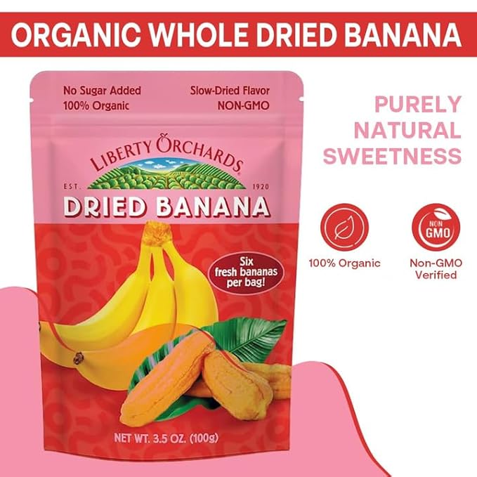 Liberty Orchard Organic Whole Dried Banana - Naturally Sweetened Dried Fruit Snack for Healthy