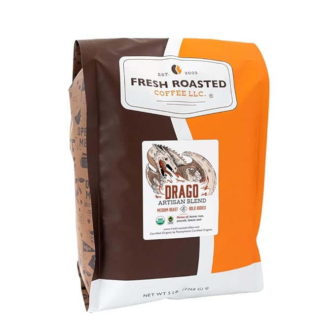 Fresh Roasted Coffee, Organic Drago Café Blend | USDA Organic, Kosher | Medium Roast 5 lb (80 oz)