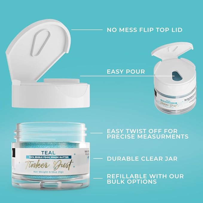 Bakell - Teal Tinker Dust (5g, 1x Jar) Edible Glitter for Food, Desserts, and Beverages!