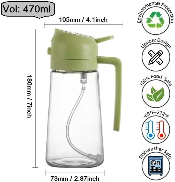 Oil Sprayer for Cooking 2 in 1, 470ml/16oz, Oil Spray & Dispenser Glass Bottle, Food-grade material