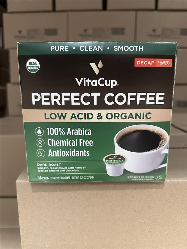 VitaCup Organic Perfect Dark Roast Decaf Coffee Pod for Pure & Clean Energy, Antioxidants, Low