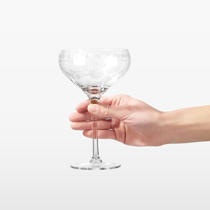 Premium Delight Coupe Glasses Set of 4, 10.8 oz – Hand-Blown with Etched Long Stem, Classic
