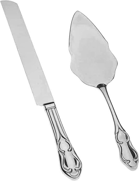 Ella Celebration Cake Knife & Server Set, Silver Wedding Cake Cutting Set, Anniversary Cake Cutter