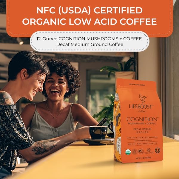 Lifeboost Cognition Decaf Mushroom Coffee - Low Acid Decaf Medium Organic Coffee with Lions Mane &