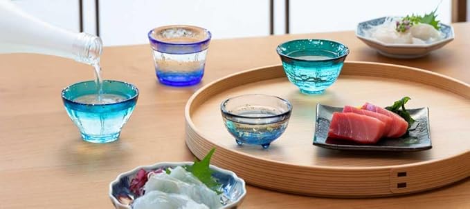 ADERIA Tsugaru Vidro Sake Glasses and Glass Sake Carafe Set [4 Shades of Tsugaru Blue]: 1 Sake