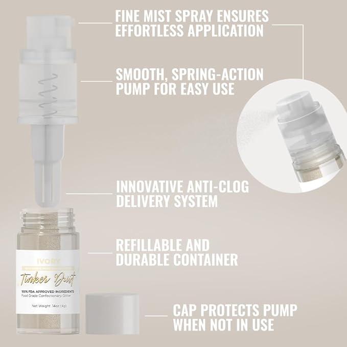 Bakell - Ivory Tinker Dust (4g, 1x Mini Spray Pump) Edible Glitter for Food, Desserts, and