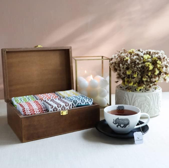 Octavius Tea Gift Set - Assorted Black & Green Tea Bags in Wooden Box | 6 Flavors, 90 Count |
