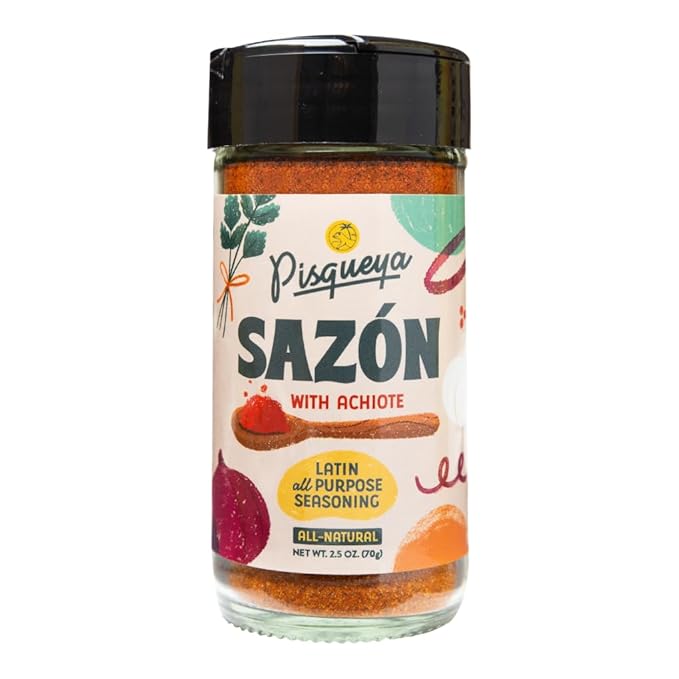 Pisqueya Sazón Seasoning, Made With Achiote. Adds Instant Flavor To Any Dish. Low Sodium, No Sugar