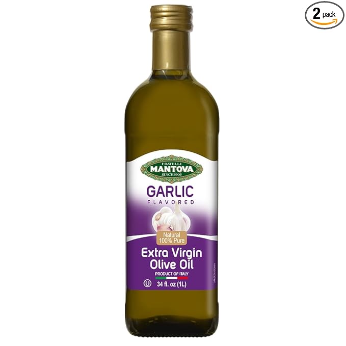 Mantova Garlic Extra Virgin Olive Oil (EVOO), Cold-Pressed and Imported from Italy 34 oz Glass