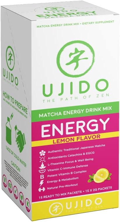 Ujido Matcha Energy Packets, Lemon Flavor, Sugar-Free, Monkfruit, Non-GMO, Antioxidant, Keto &