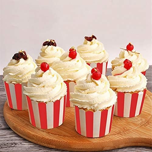 100 Pack Muffin Liners Baking Paper Cups Red and White Stripes Cupcake Liners Elegent Muffins