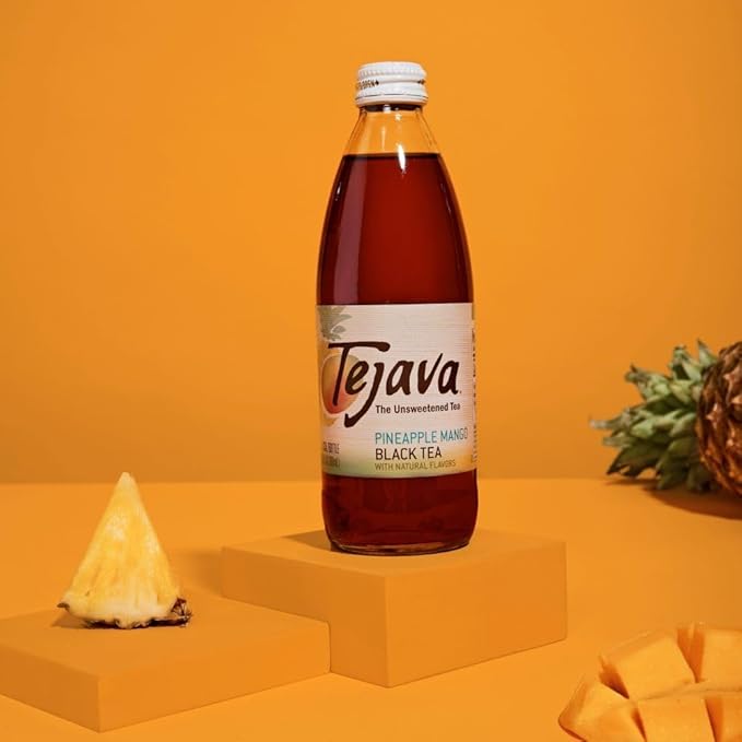 Tejava Pineapple Mango Black Iced Tea, 4 Pack, 12oz Glass Bottles, Unsweetened, Non-GMO, Kosher, No