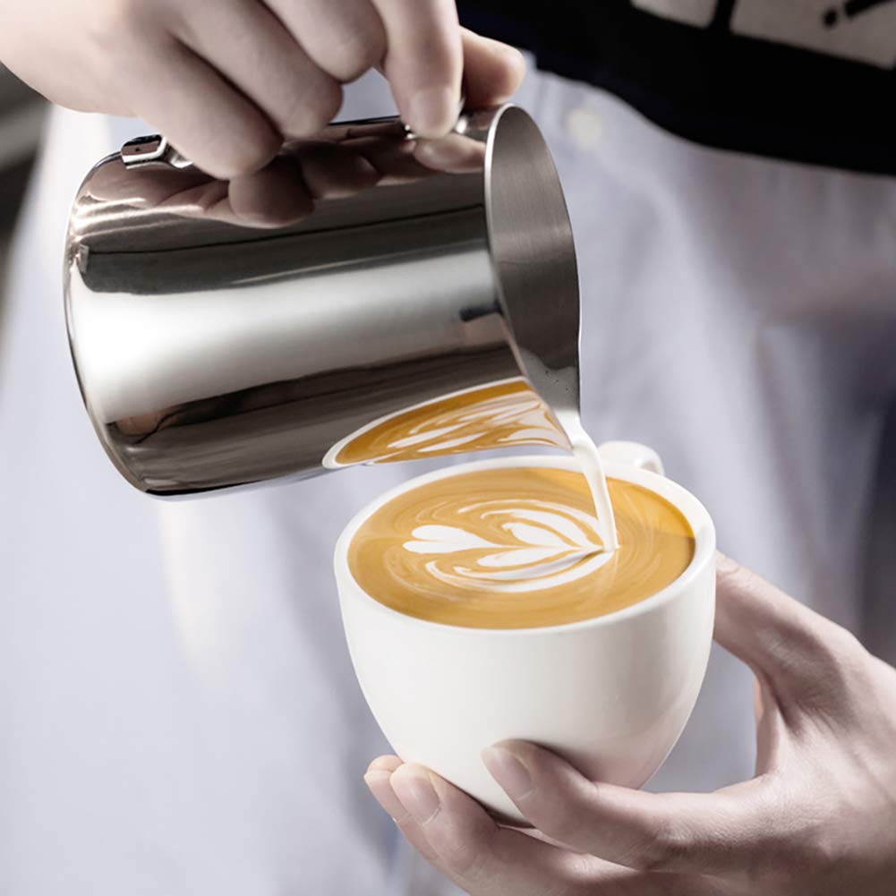CAMKYDE Stainless Steel Milk Frothing Pitcher 12 oz, Espresso Steaming Pitcher with Decorating Pen