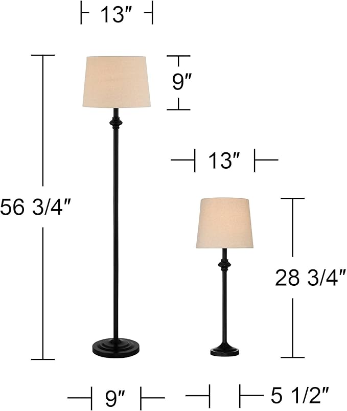 360 Lighting Carter Traditional 3 Piece Table Floor Lamp Set Black Metal Cream Fabric Tapered Drum
