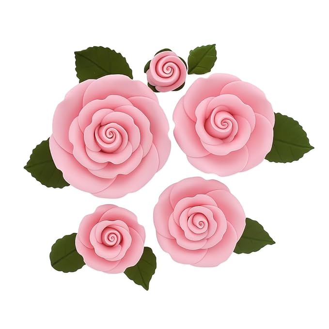 Global Sugar Art Exquisite Rose & Leaf Tray Edible Sugar Cake Flowers, Pink 20 Count Unwired by