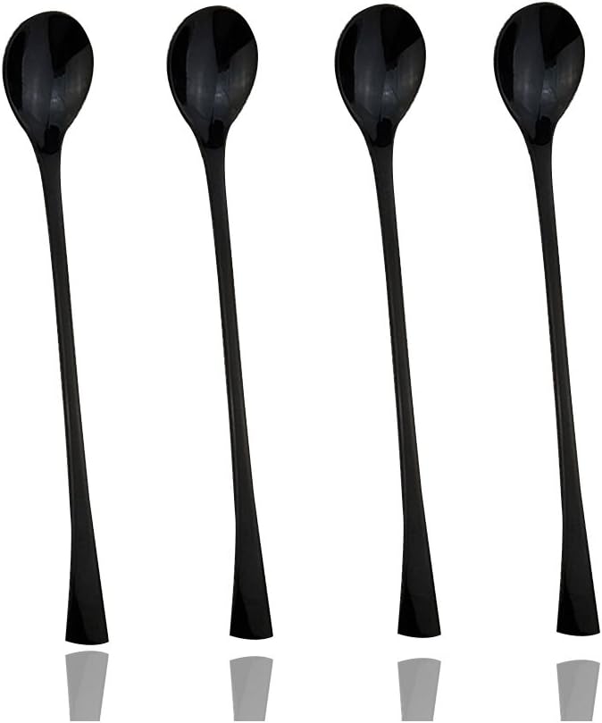 JASHII 18/10 Stainless Steel 4 Piece Mirror Polished Black Long Handle Ice Cream Spoon and Coffee
