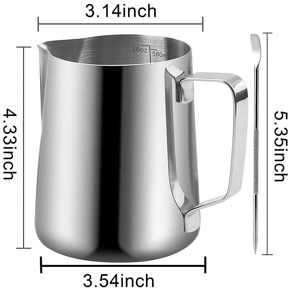 20 oz Milk Frothing Pitcher, 304 stainless steel 600ml milk can coffee frothing cup with art deco