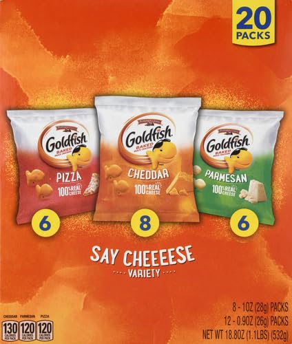 Goldfish Crackers Say Cheeeese Variety Pack with Cheddar, Pizza and Parmesan, Snack Packs, 20 Ct