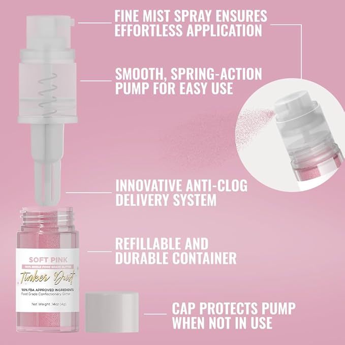 Bakell - Soft Pink Tinker Dust (4g, 1x Mini Spray Pump) Edible Glitter for Food, Desserts, and