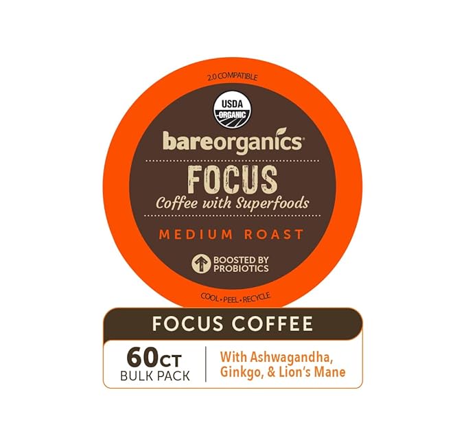BareOrganics Focus Coffee Pods With Superfoods & Probiotics | Compatible | USDA Certified Organic