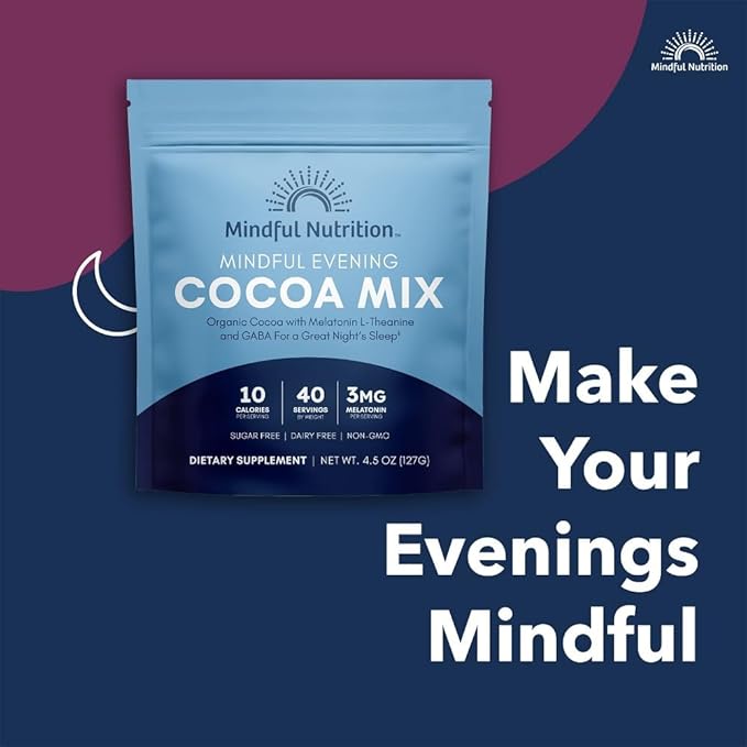 Mindful Evening Sugar Free Cocoa Mix Natural Sleep Aid, 40 Servings, Melatonin 3mg, L-Theanine