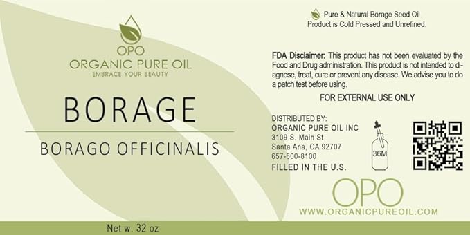 OPO Borage Seed Oil - 32 oz - Pure Unrefined Non GMO, High GLA, Bulk Natural Carrier Oil