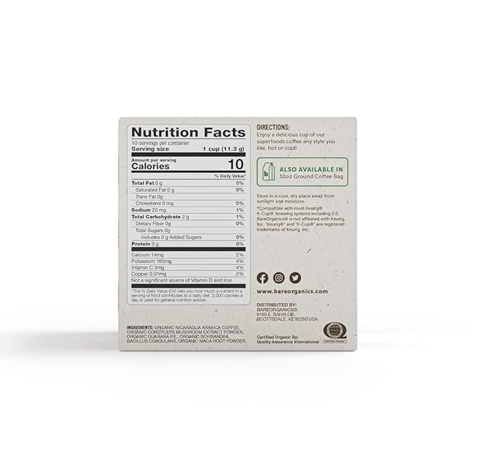 Bare Organics 14198 ENERGIZING USDA Organic Coffee Infused with Superfoods & Probiotics, Compatible