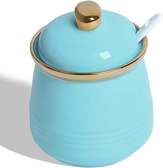 HAOTOP 12oz Sugar Bowl with Lid and Spoon,Simple Ceramic Sugar Jar Sugar Container Sugar Dispenser