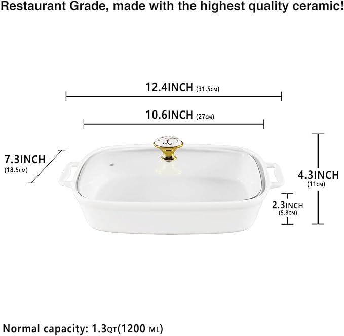 10" x 7" Ceramic Rectangular Casserole Dish with Glass Lid, 1.3 Quart White Serving Soup