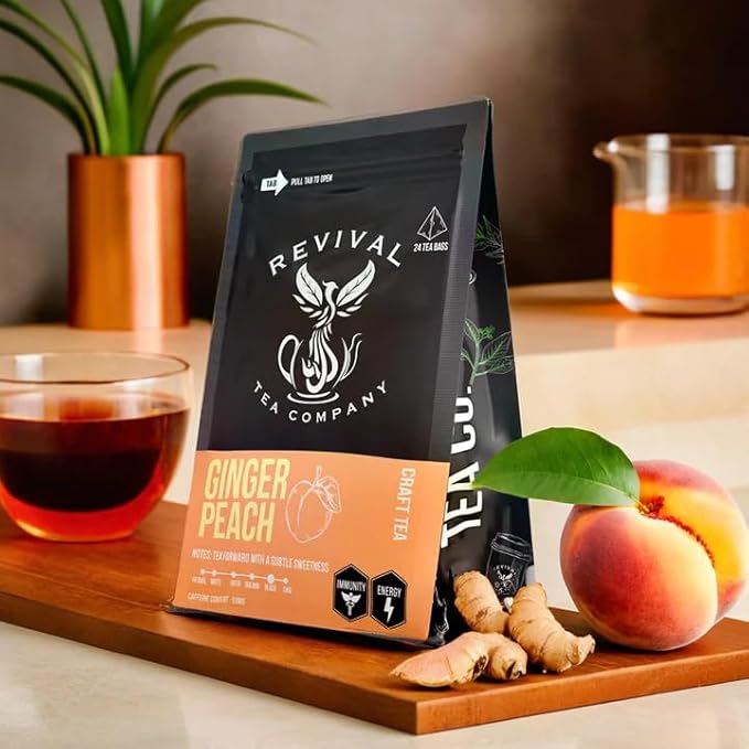 Revival Tea Company Ginger Peach Tea - Black Tea Blend with Ginger Spice and Peach Pieces - Loose