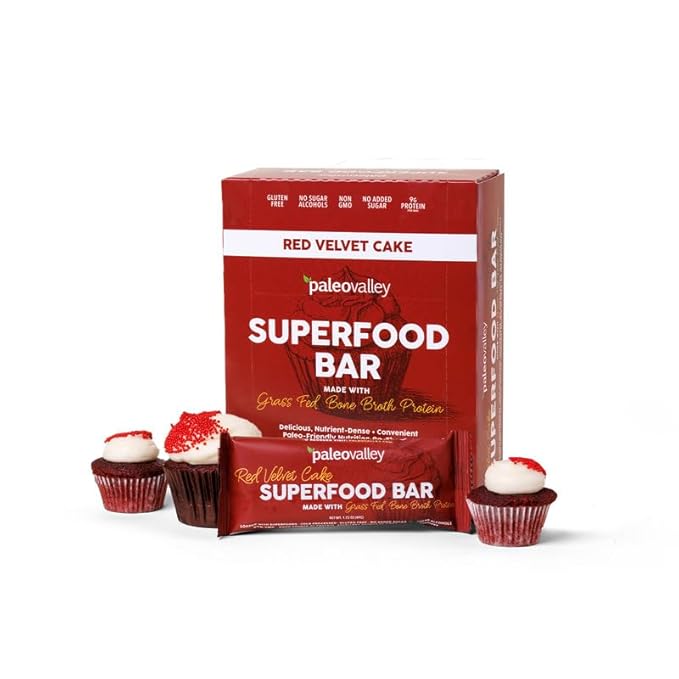 Paleovalley Superfood Bars – Red Velvet– 12 Pack – 9g Protein per Bar – Gluten-Free, Grain-Free