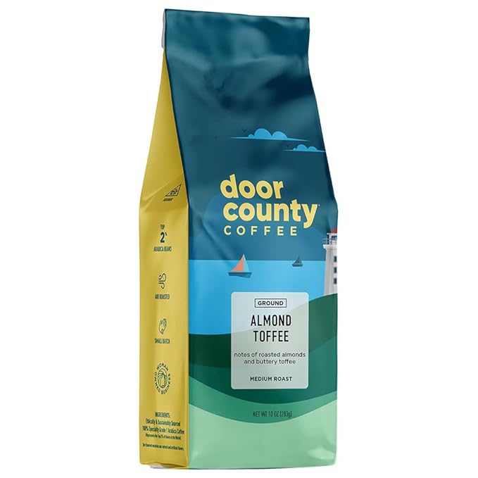 Door County Coffee Almond Toffee Flavored Ground - 10 oz Bag | Flavored Ground Medium Roast - 100%
