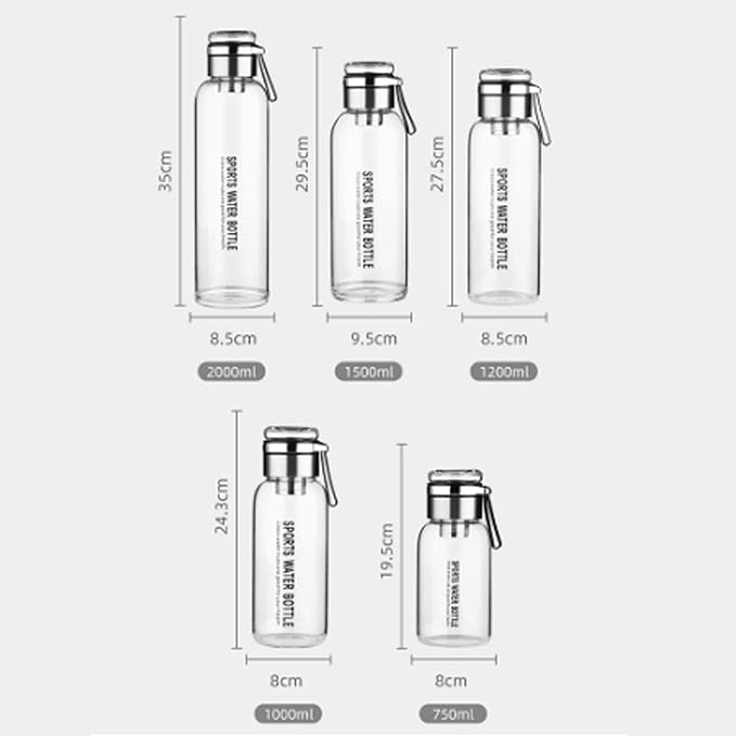 2L Glass Water Bottle with Strap Outdoor Travel Sports Portable Leak Proof Beverage Tea Glass