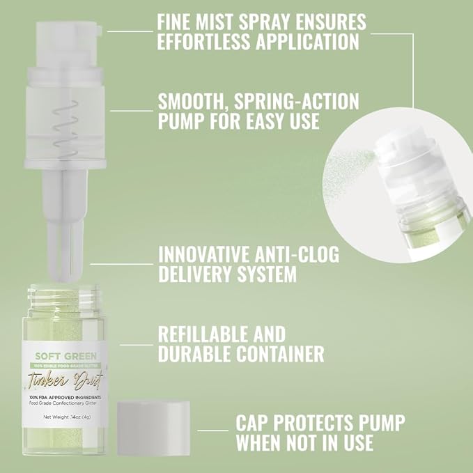 Bakell - Soft Green Tinker Dust (4g, 1x Mini Spray Pump) Edible Glitter for Food, Desserts, and