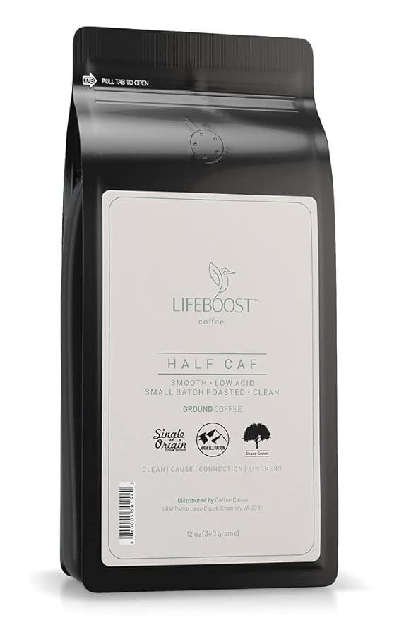 Lifeboost Coffee Half Caff Ground Coffee - Low Acid Single Origin USDA Organic Coffee - Non-GMO