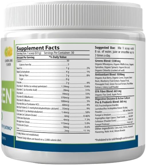 PURE Greens Superfood Raw Organic Drink Mix, Lemon Lime Flavor, Spirulina, Chlorella, 30 Servings