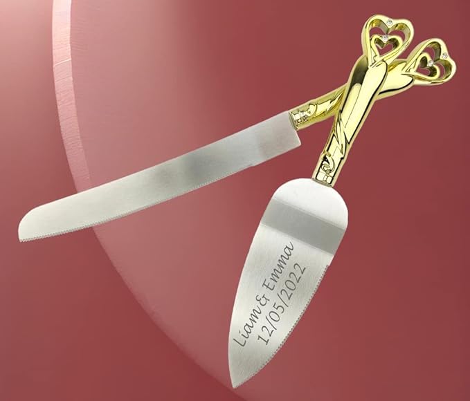 GIFTS INFINITY® Personalized Gold Interlock Hearts Wedding Cake Knife and Server Set Free Engraving