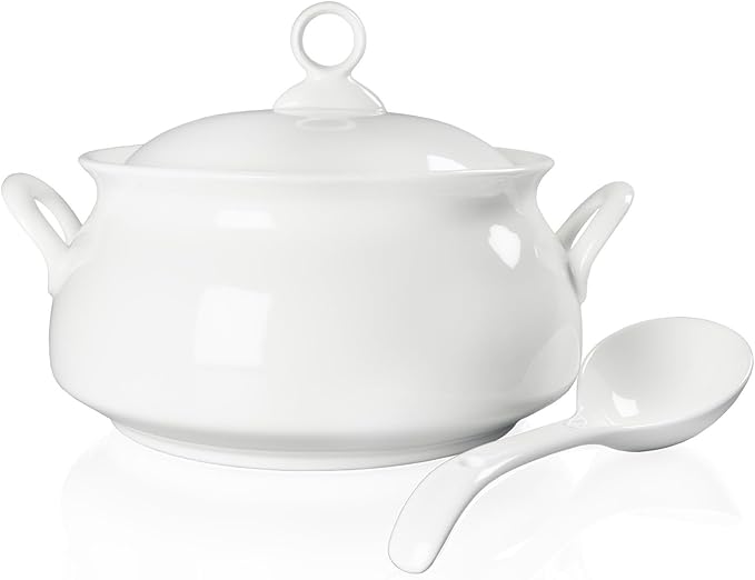Ceramic Serving Soup Tureen Bowls with Lid and soup spoon, 2.4 QT White French Serving Tureen