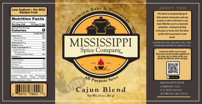 Mississippi Spice Company Premium Rubs and Seasonings, Cajun Blend, All Purpose Spicy Seasoning, 10