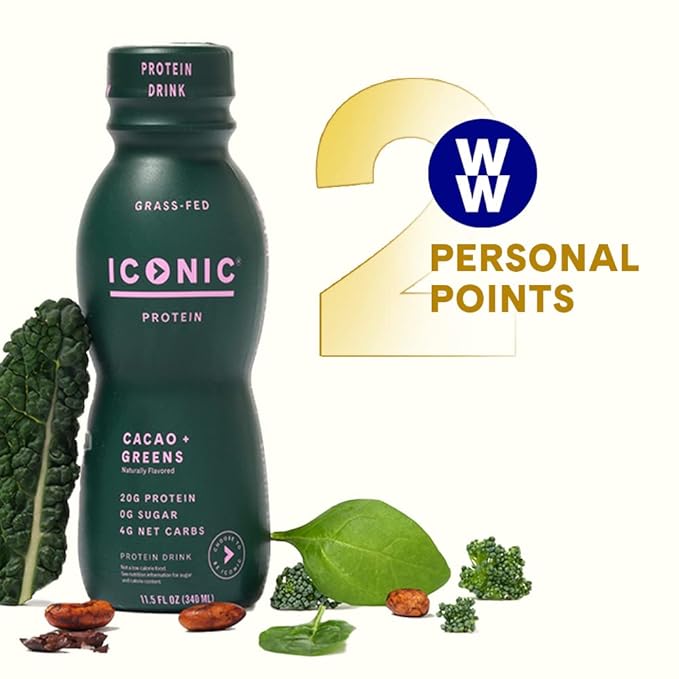 ICONIC Protein Shake, Cacao + Greens (12 Pack) ??20g Grass-Fed Protein Drink ??Low Carb, Sugar