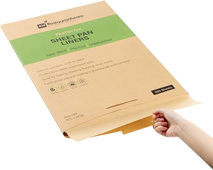 Restaurantware Pastry Tek 16 x 24 Inch Parchment Paper Sheets 200 Greaseproof Baking Sheets For Oven - Pre-Cut Double-Sided Silicone Coating Unbleached Paper Nonstick Baking Sheets Full-Size