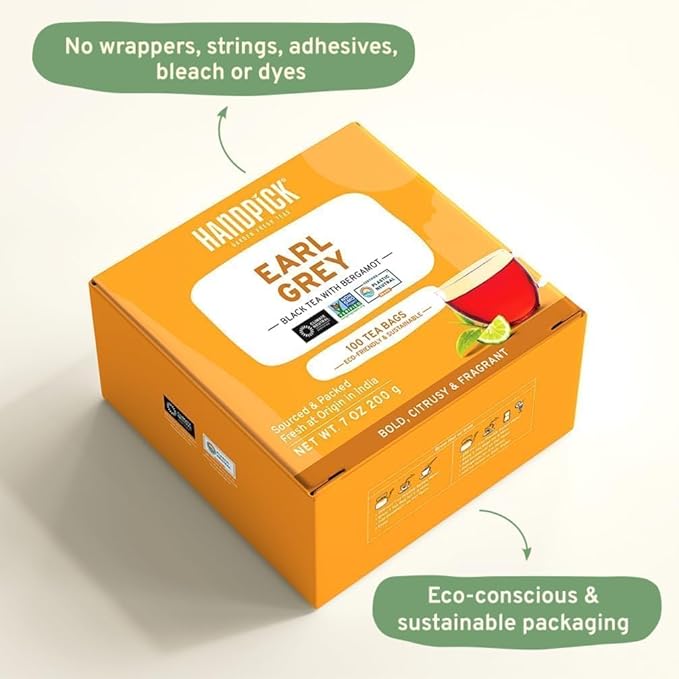 HANDPICK, Earl Grey Black Tea Bags (100 Count) Bergamot Oil | Caffeinated, Earl Grey Tea Bags |