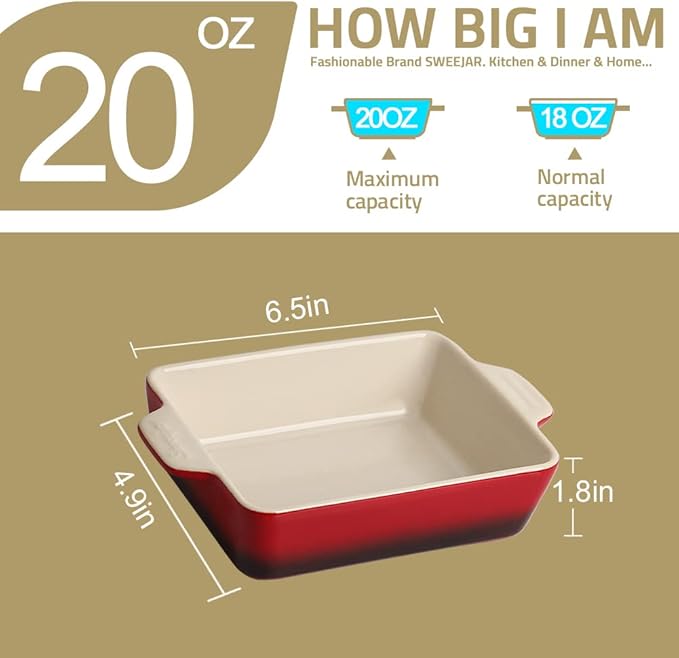 Sweejar Ceramic Baking Dish, Rectangular Small Baking Pan with Double Handles, 20 Oz for Cooking