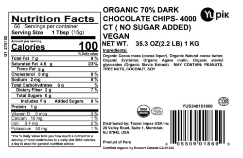 Yupik Organic Dark Chocolate Chips, 70% Cacao, 2.2 lb (35.2 oz), No Sugar Added, Gluten-Free