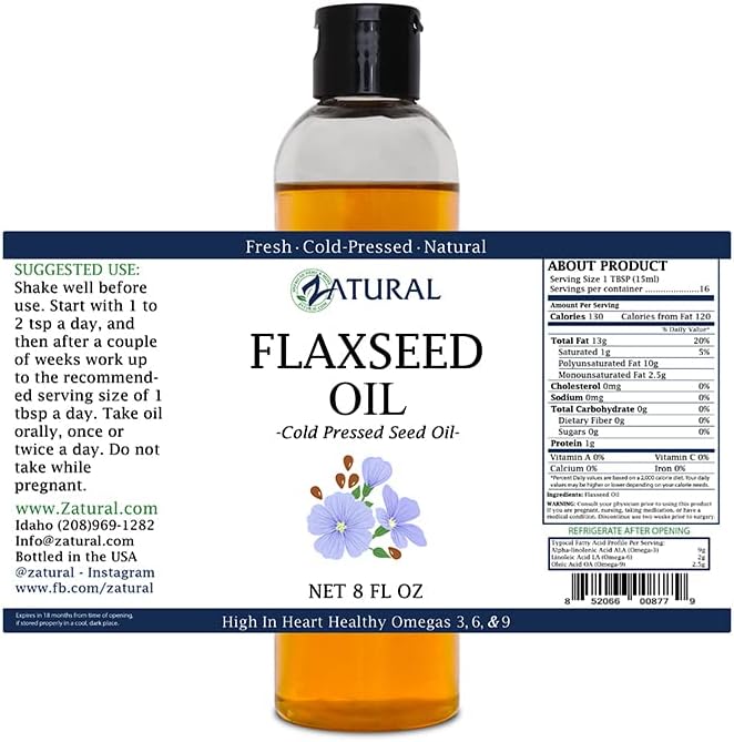 Zatural Flaxseed Oil Naturally Grown 100% Pure Flax Seeds Cold Pressed Vegan Omega Fatty Acids (8oz)