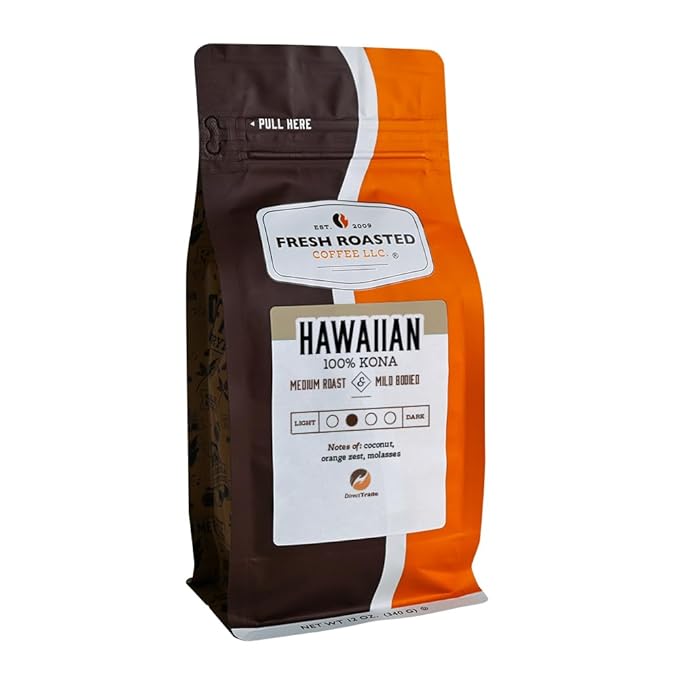 Fresh Roasted Coffee, 100% Hawaiian Kona, 12 oz, Medium Roast, Kosher, Whole Bean