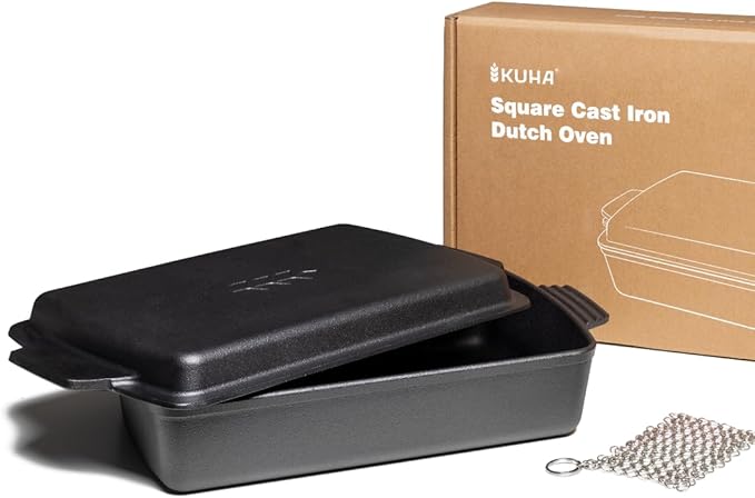 Kuha 2-in-1 Square Cast Iron Dutch Oven, 6 QT ??Skillet Lid & Casserole Dish, Pre-Seasoned 13??