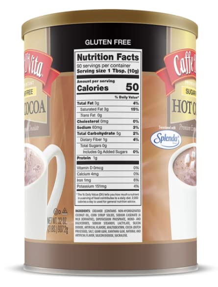Caffe D'Vita Sugar Free Hot Cocoa Mix - Sugar Free Hot Chocolate Mix, Gluten Free, Low Fat, No