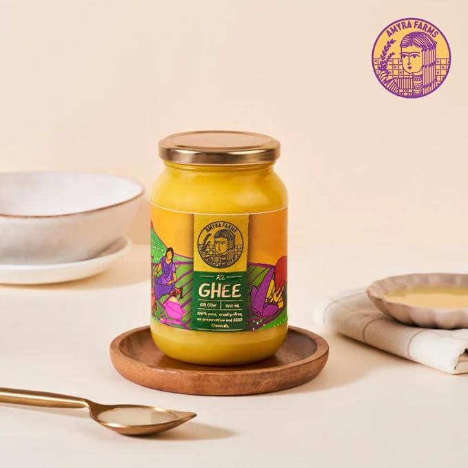Amyra Farms Organic A2 Ghee - 1 Pound | Grass-Fed Gir Cow Ghee, Handcrafted Bilona, Pure &
