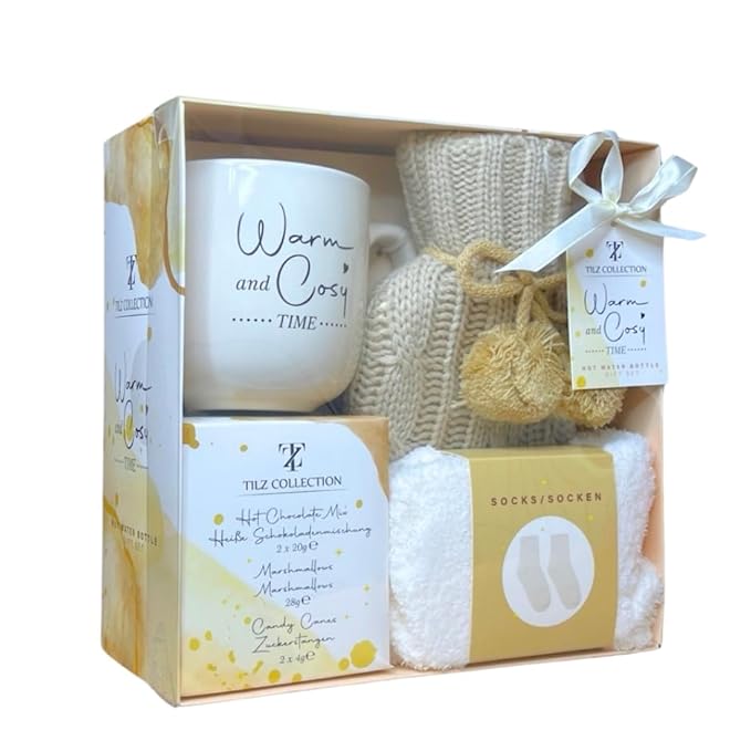 Women Gift Set -Hot Water Bottle, Hot Chocolate Mix, Mini Marshmallows, Mug, Socks, Crushed Candy